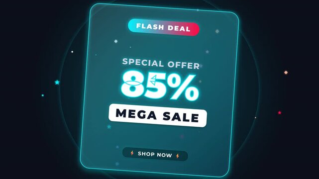 Neon blue digital flash sale promotional graphic with glowing eighty five percent discount text animation for modern retail marketing campaigns