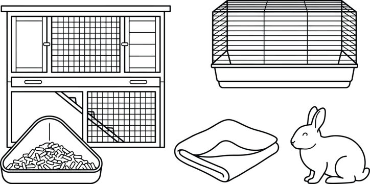 Rabbit hutch and hamster cage vector icon set featuring cute bunny character triangle litter box and folded pet blanket isolated on white background