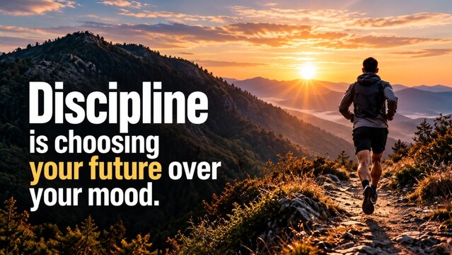 Motivational quote &ldquo;Discipline Is Choosing Your Future Over Your Mood&rdquo; with a mountain runner at sunrise, inspiring focus, consistency, self-control, and long-term goals.