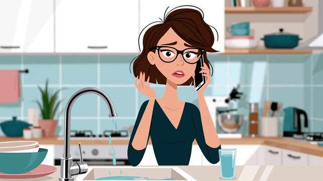 Woman expresses worry while talking on the phone near a leaky kitchen faucet.