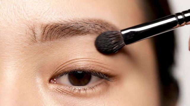 Close-up of a woman applying eyeshadow on her eyelid with a brush