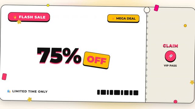Graphic coupon animation featuring seventy five percent off sale text with vibrant rocket icon and dynamic ticket style motion design elements