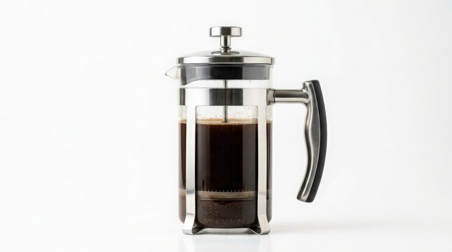 Modern glass french press coffee maker with chrome frame on white background coffee plunger brewed coffee glass carafe coffee equipment kitchen appliance hot beverage barista tools drip coffee