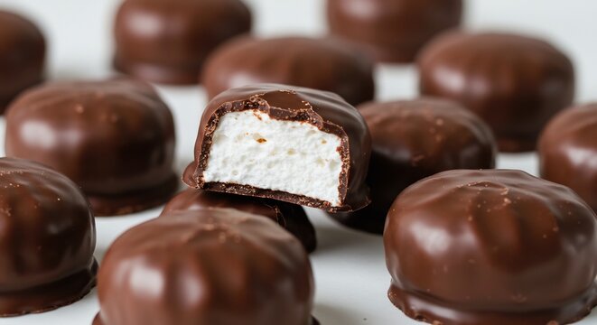 Chocolate Marshmallows: A close-up view of delectable chocolate-covered marshmallows, with one bitten into, revealing its fluffy white interior, promising a sweet indulgence.