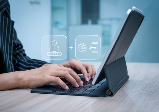 Business professional uses tablet with password, fingerprint and mobile security icons. Multi-factor authentication, secure login, digital identity verification and protected account access concept.