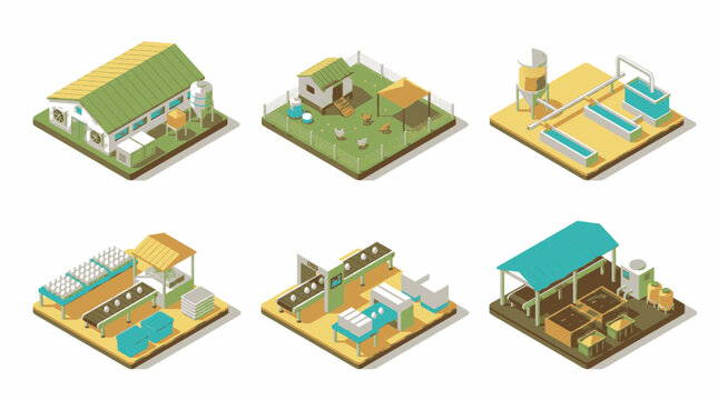 Isometric farm buildings and agricultural elements with various farm animals and equipment.