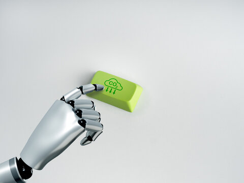 Robotic hand presses a green CO2 reduction button. Technology-driven decarbonization, emissions management, sustainable automation, climate innovation and corporate environmental action concepts.