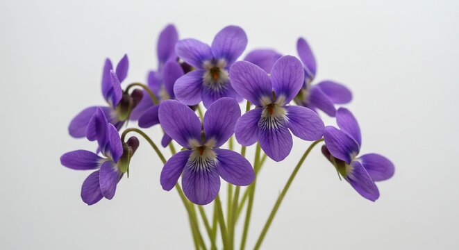 Wild Violets in Bloom: A close-up shot of a delicate bouquet of wild violets with vibrant purple petals and delicate green stems, showcasing their natural beauty and delicate form.