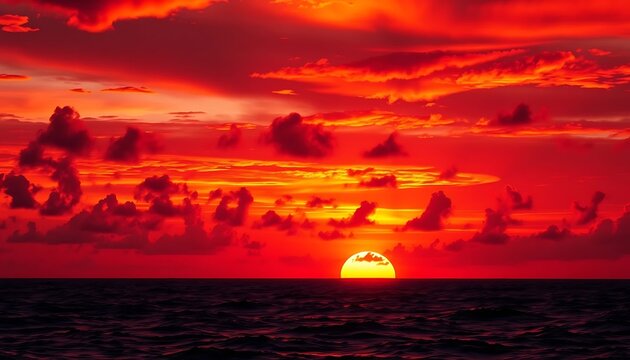 Fiery Sunset Over The Ocean Horizon At Dusk.