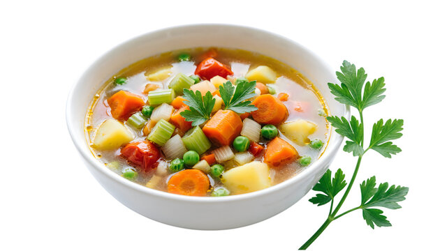 Healthy vegetable soup in a white bowl with spoon isolated on transparent background