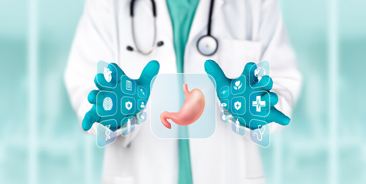 Doctor examining a digital screen to detect stomach abnormalities for the diagnosis of chronic gastritis; laboratory analysis and science. Medical technology.