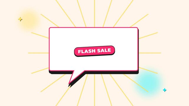 Graphic flash sale animation with bold text inside a white speech bubble and radiating yellow light rays for promotional retail content