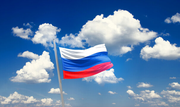 Russia national flag waving with skyline and buildings. Russia national flag for independence day.