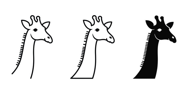 Giraffe Head icons featuring simple vector silhouettes, African wildlife animal graphics representing nature, safari, wildlife, and exotic animals.
