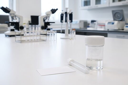Premium photorealistic commercial stock photography of a sterile saliva specimen collection container and tube on a clean clinical laboratory surface