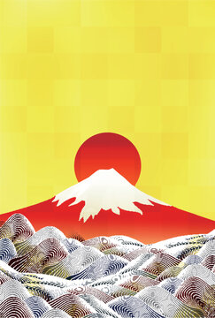 Red Mount Fuji sunrise with Japanese traditional patterns