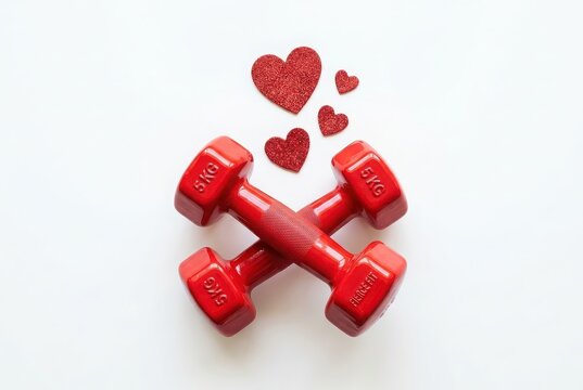 Two Red 5kg Dumbbells Crossed with Glittery Hearts on White Background - Love Fitness and Heart Health Concept