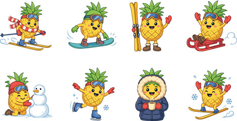 Obraz premium Cute Cartoon Pineapple Character Set with Winter Sports Activities Skiing Snowboarding and Ice Skating for Kids Vector Graphic Illustration