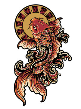 Japanese Koi Fish Vector Illustration with Traditional Sun and Sea Waves Graphic for T-Shirt Design