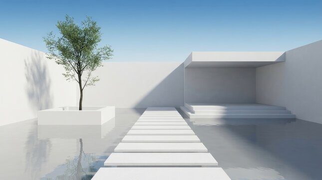 A minimalist outdoor scene with a white stone path over water, an olive tree in a planter, and a raised stage area under a clear blue sky, 3d render