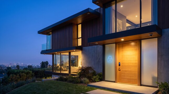 Modern luxury architectural house exterior, with illuminated glass windows and glowing smart security lock icon, standing at dusk twilight, on hilltop with city skyline view, real estate technology