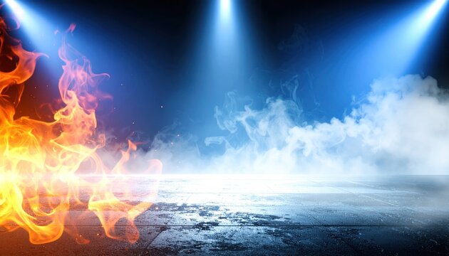 Fire and Ice Abstract Background with Blue Spotlights, Smoke and Textured Floor