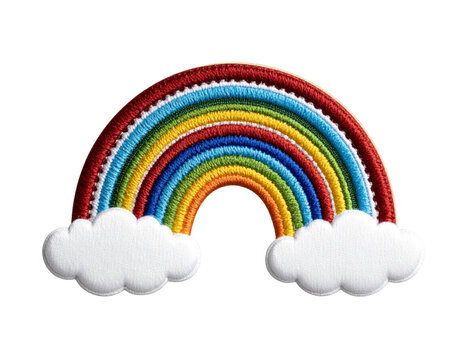Embroidered Rainbow Patch with White Clouds Isolated on White Background