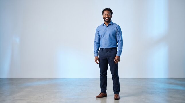 Smiling African American man in blue dress shirt and dark pants standing against a light blue wall with concrete floor