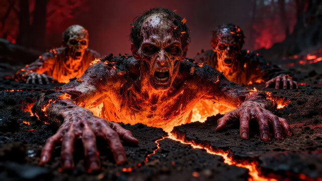 Apocalyptic horror and Halloween entertainment concept. Zombies crawling out of fiery ground fissures.