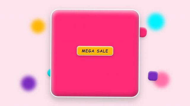 A vibrant 3D motion graphic animation featuring a pink square sign advertising an eighty percent off mega sale discount event
