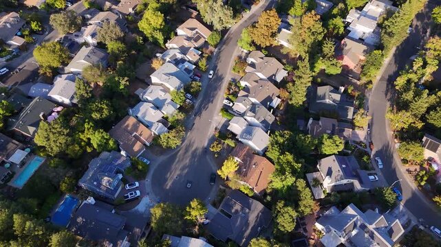 aerial view of a middle class American  residential houses neighborhood in a city suburbs. suburbia