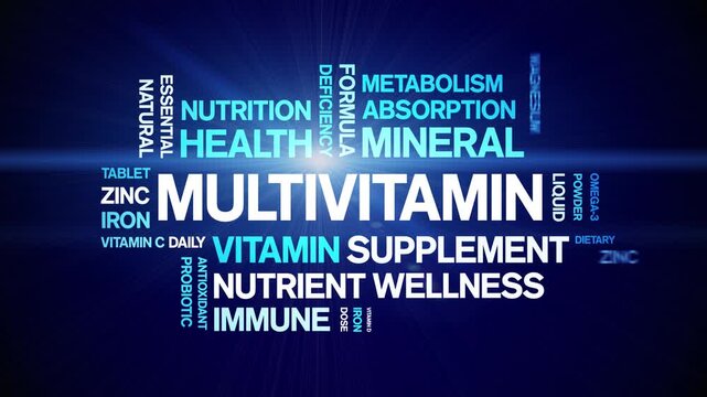 Multivitamin animated word cloud-animation tag kinetic typography seamless loop.