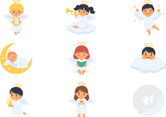 Obraz premium Cute Cartoon Little Angel Character Set with Cherubs Playing Instruments, Reading, and Sleeping on Clouds for Christmas and Religious Card Designs