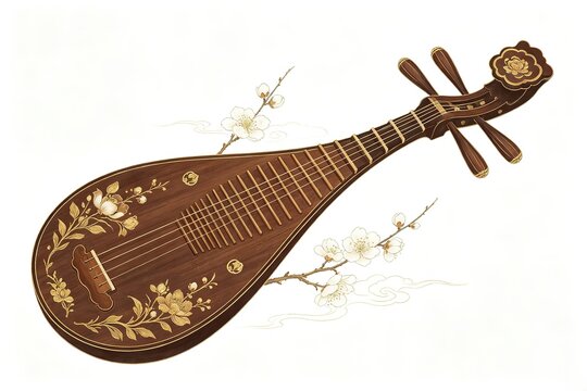 Traditional Chinese Pipa Lute With Floral Inlay And Plum Blossoms