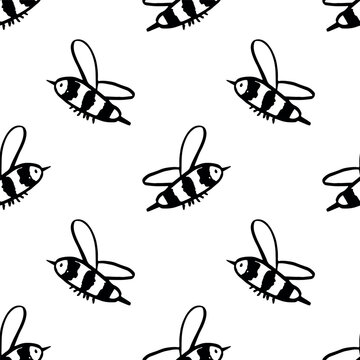 Seamless pattern with hand drawn happy funny cute honey bee Adorable flying striped insect friendly kawaii bumble bee For kids print, wrapping paper, packaging, fabric