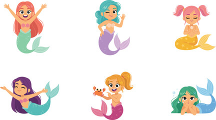 Obraz premium Cute Cartoon Little Mermaid Character Vector Set Featuring Colorful Hair Mythical Sea Creatures and Underwater Princess Graphics for Children Designs