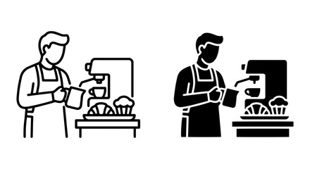Fototapeta premium Barista Making Coffee, Cafe Icons, Espresso Machine & Pastries, Vector Art