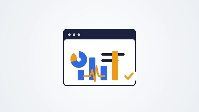 Flat vector animation of a web browser loading business analytics dashboard charts.
