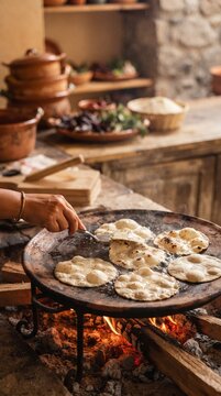 Hand cooking tortillas on a comal over an open fire
