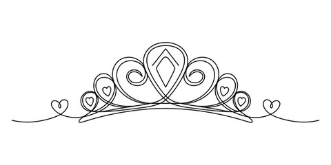 Continuous single line drawing of a beautiful royal princess tiara crown with decorative hearts isolated on a plain white background design illustration © Sreemoti