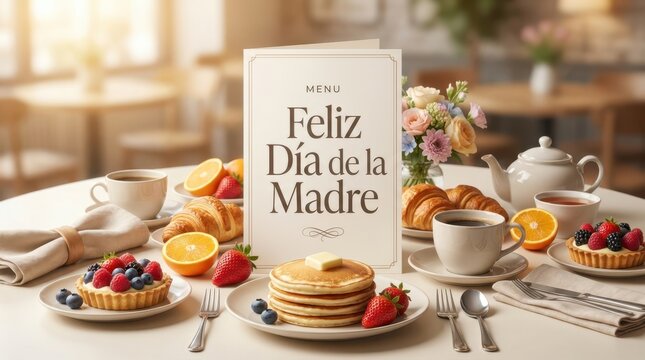 Delicious breakfast table for mother day celebration featuring pancakes with berries, fresh pastries, orange juice, and a menu card with spanish holiday text