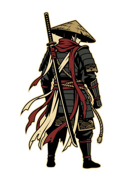 Japanese samurai warrior in black traditional armor and conical straw hat seen from the back holding a katana sword