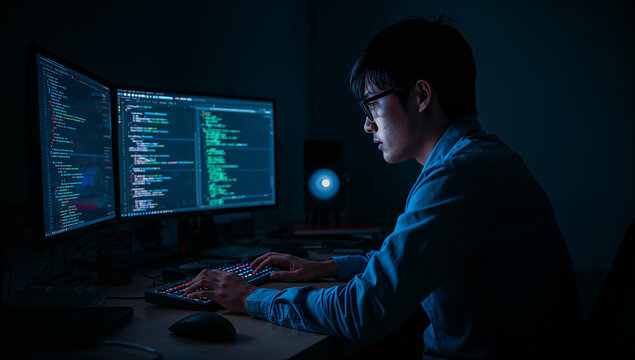 暗いオフィスでコードを書く男性プログラマー
