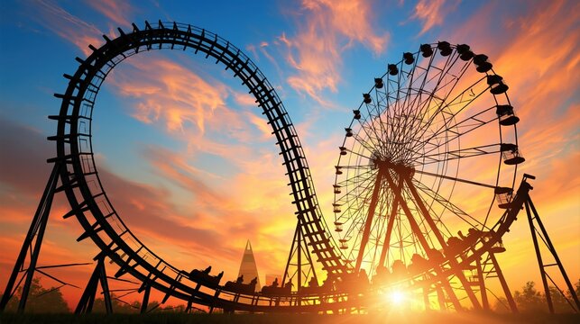 Silhouette of a roller coaster loop and Ferris wheel against a vibrant sunset.