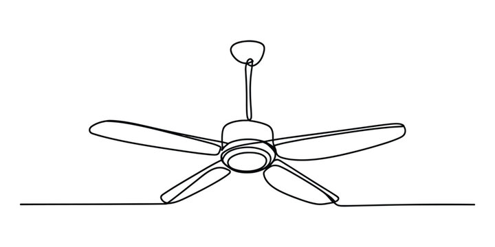 Continuous single line drawing of a ceiling fan for home cooling and ventilation isolated on a plain background for interior design illustration