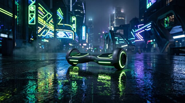 Electric hoverboard on a wet futuristic urban plaza with acid green neon reflections, modern personal mobility and nighttime transportation concept