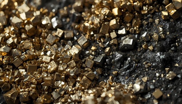 Raw Golden Pyrite Crystal Mineral Stones on Dark Stone Rock Texture Background
