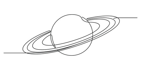 Minimalist continuous single line drawing of the planet saturn with rings showing orbit isolated on a clean white background for space design illustration © Sreemoti