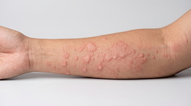 Severe Acute Urticaria Hives Reaction and Wheals on Female Forearm Skin