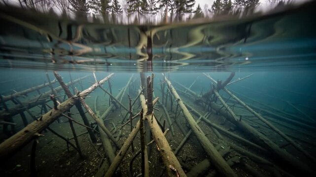 Submerged tree trunks in jiuzhaigou national park turquoise water
